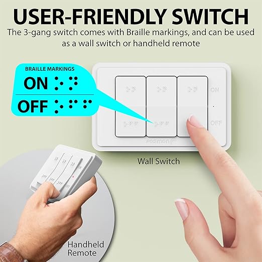 Fosmon Wireless Remote Control Outlet Plug Indoor, Battery Operated Light Switch with Braille On/Off Mark, for Lights, Christmas Tree, No Interference, 15A/1875W, No Wiring & Expandable - 3 Pack
