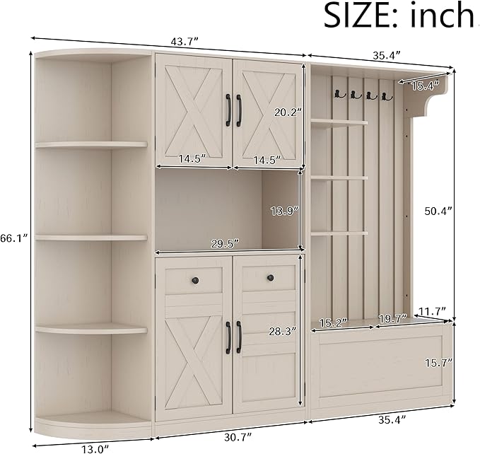 Multifunctional Hall Tree with 4 Hooks, Wood Hall Tree with Open Shelving and Flip Hidden Shelf, Left-Right Combination Coat Rack (can be Used Separately), Entryway Bench (Beige/45c)