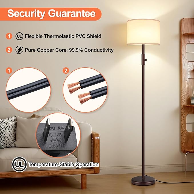 【Upgraded】 Dimmable Floor Lamp, Modern Floor Lamps for Living Room, Standing Lamp with Linen Shade, Tall Lamp for Bedroom Office Dining Room- Brown
