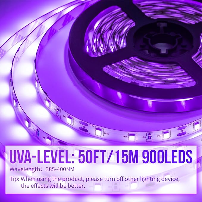 50ft/15M LED Black Light Strip Kit, 900 Units Lamp Beads, 385nm-400nm, 12V Flexible Blacklight Fixtures, Non-Waterproof Strip Blacklight for Indoor, Birthday, Glow Party, Halloween, Christmas
