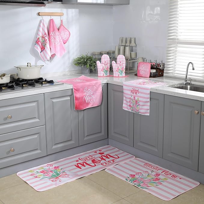 Fourluoo 10 Pcs Mothers Day Kitchen Decor Set Kitchen Towels and Rugs Oven Mitts and Pot Holders Farmhouse Decor for Mom Gift Cooking Baking Grilling