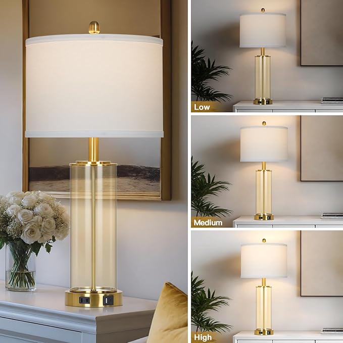 26" Glass Table Lamp Single, 3-Way Dimmable Touch Control Living Room Lamp with USB C+A Ports & AC Outlet, Modern Bedside Lamps, Bedroom Lamps for Nightstand Side End Table Desk, Brown-1PK