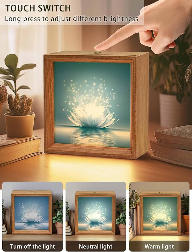 Wood Night Light Box 6.5x6.5in,Meditation Lotus Flower Table Lights Wooden Picture Frame with USB Rechargeable Touch LED Lights for Home Decor Desktop Display,Asian Zen Spiritual