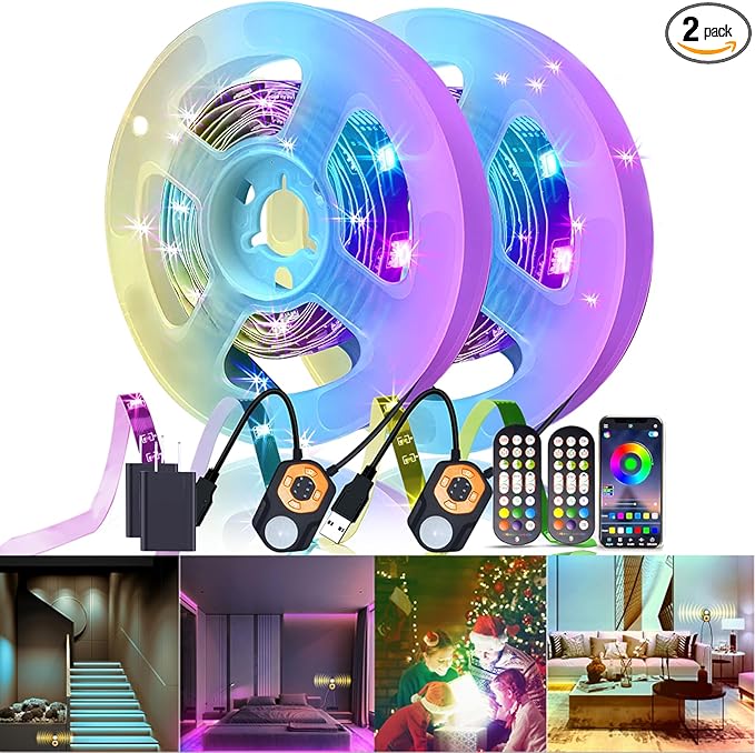 LED Strip Light Motion Sensor Under Bed Lights 2*9.84FT RGB,Remote/APP Control/Dimmable/Music Sync/Auto-Off Timer/Motion Activated Led TV Night Light for Bed Stair Cabinet Party Desk Wardrobe,Decorate