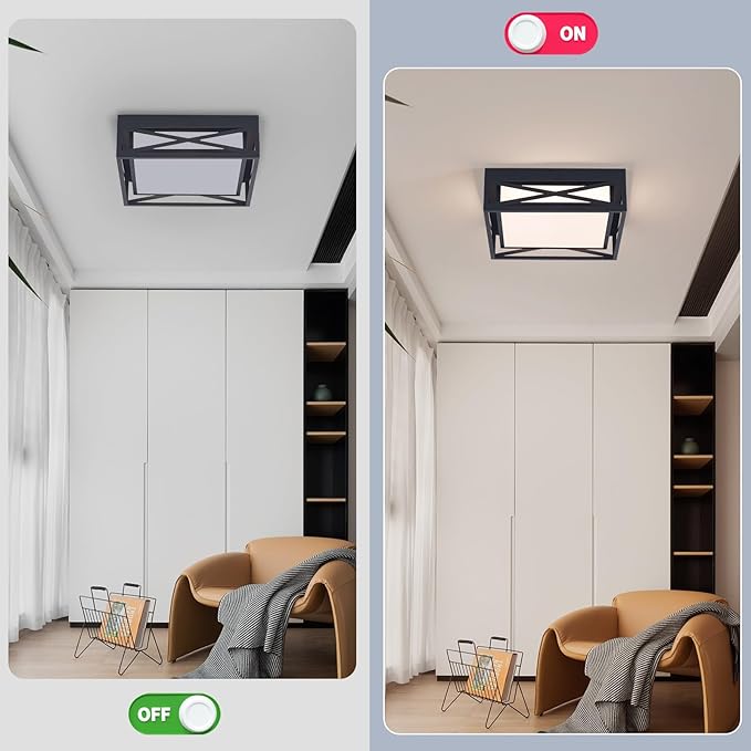 Modern LED Ceiling Light Fixture, Square LED Flush Mount Hallway Light Fixtures, Farmhouse Black Close to Ceiling Light for Hallway Bedroom Balcony Porch Stairway Ceiling Lamp (Square, 3000K)