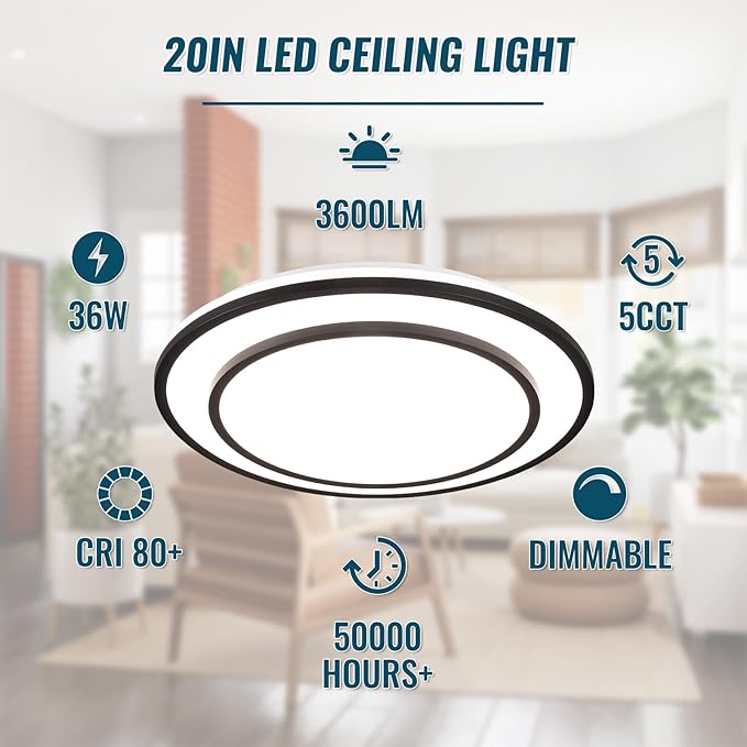 20" LED Flush Mount Ceiling Light Fixture Dimmable, Black Fixture Ceiling Mount 36W,Modern Close to Ceiling Light 5CCT for Living Room,Kitchen,Bedroom