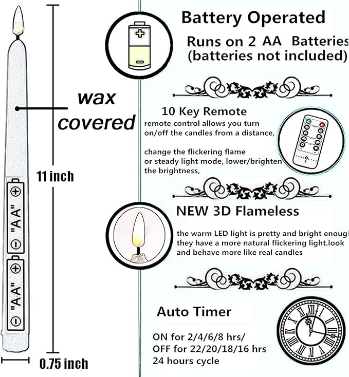 NONNO & ZGF 10 Pack Black 11'' LED Wax Covered Taper Candles with 2 Remote Control, Flameless Battery Operated Decor Candle, Warm White LED