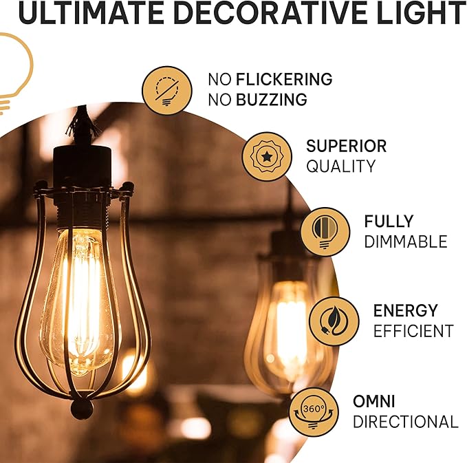 Hudson Vintage Incandescent Edison Decorative Light Bulbs 4-Pack - 60W, 2100K Dimmable, E26/E27 ST64 Warm Antique Squirrel Filament Amber for Indoor Outdoor - Lightbulb - Outdoor Light