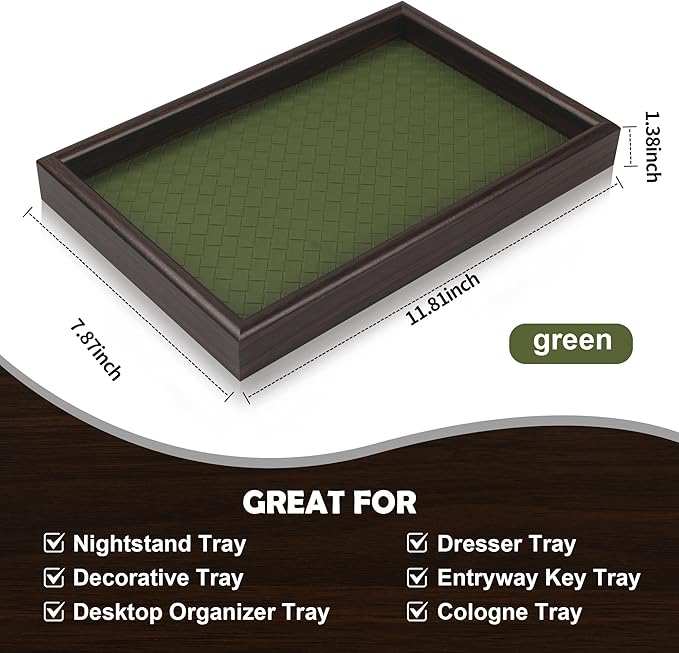 Zosenley Wooden Valet Tray with Leather Base - Nightstand Catchall Organizer for Cologne, Perfume, Keys, Wallet, Phone, Watch, Jewelry & Sunglasses (Green)
