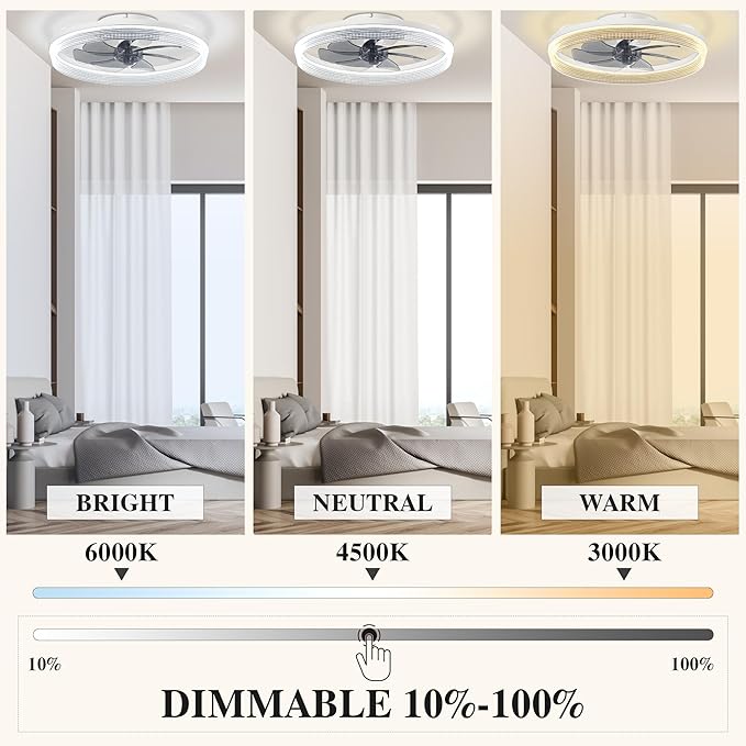 Ceiling Fans with Lights and Remote Fandelier - 20'' White Flush Mount Low Profile Modern Ceiling Fans for Bedroom - Stepless Color Temperature and 6 Speeds