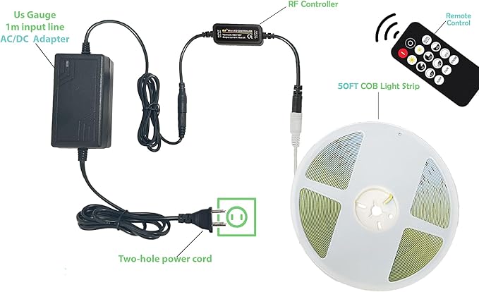 50ft Daylight White 6500K, COB LED Strip Light Kit, Linear Lighting Brightness Dimmble Strip Light ETL Listed with Remote for Bedroom Wall Cabinet Mirror Stair (AC/DC Adapter Included)