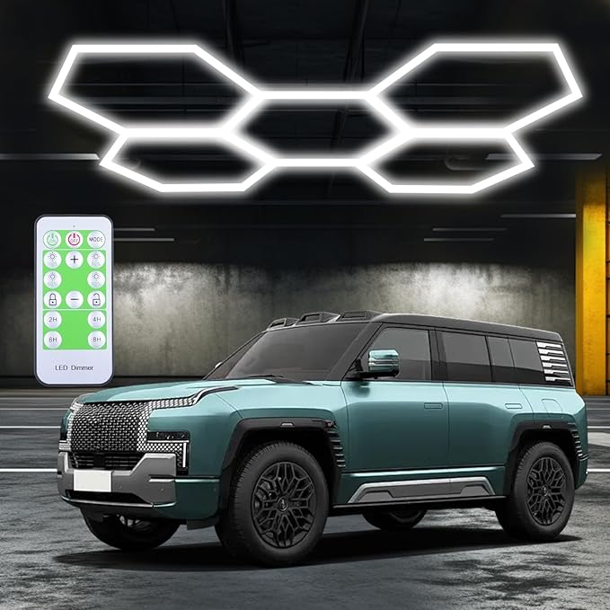 Garage Hexagon Lights, 60W 24V 6500K Higher Brightness Hex Garage Lights, Plug and Play, Lightweight DIY Assembly Hexagonal Light for Car Detailing Auto Beauty Shop Decor（with Remote Control）