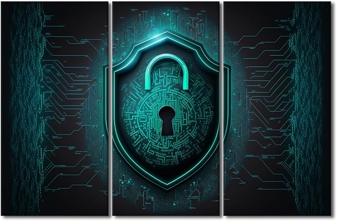 3 Panel Framed Wall Art Data Security Protection Cybersecurity Internet Network Locker Technology Posters Picture Print on Canvas for Bedroom Living Room, Framed Ready to Hang, 60" Wx40 H