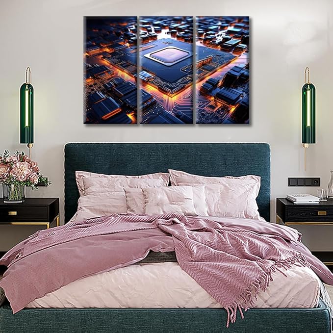 Microchip Canvas Wall Art, Paintings for Wall Decorations Motherboard Digital Chip Pictures Artwork Wall Art for Living Room 3 Pieces Art Prints Framed Ready to Hang (42"Wx28"H)