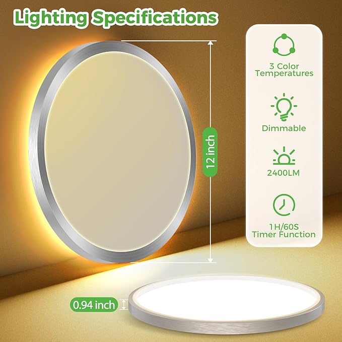 zemty 12 Inch LED Ceiling Light with Night Light 1800K, Dimmable with Remote Control, Low Profile Lighting for Bedroom Bathroom Kitchen - Brushed Nickel