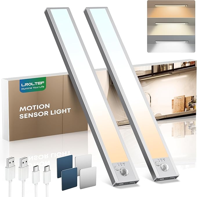 Under Cabinet Lights Wireless, 2 Pack 8.3 inch 1500mAh 3000K 4000K 6500K 3 Color Temps Dimmable Motion Sensor Light Indoor, Rechargeable LED Under Counter Lights for Kitchen, Stairs, Closet