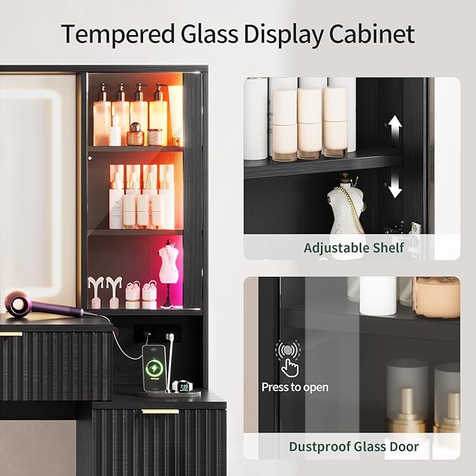 Big Vanity, 59.1" Fluted Wood Makeup Vanity Desk with Mirror and Sound Sync LED Lights, Large Vanity Dressing Table, 8 Drawers, 2 Glass Cabinets, with Charging Station for Girls, Women (Black)
