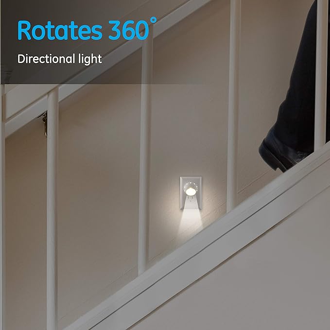 GE Rotating Plug in Night Light, Home Decor, Apartment Essentials, LED Lights for Bedroom, Ambient Lighting, Dusk to Dawn Sensor, Nightlight, Bathroom, Dorm Room, 2 Pack 50331
