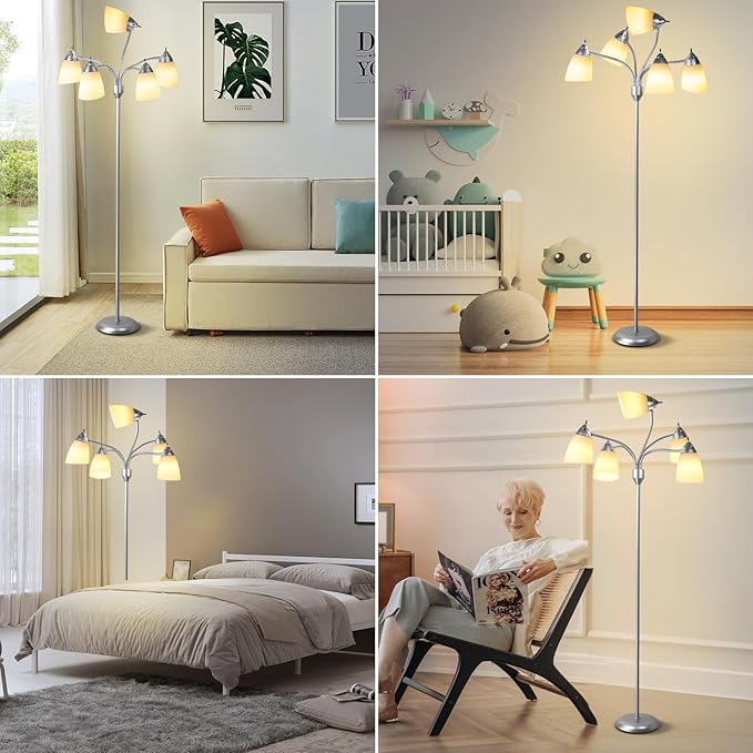 DINGLILIGHTING Floor Lamp Tall for Room: Flexible Gooseneck Floor Lamps Standing for Bedroom Home Office - Modern Floor Lights Silver 5-Light