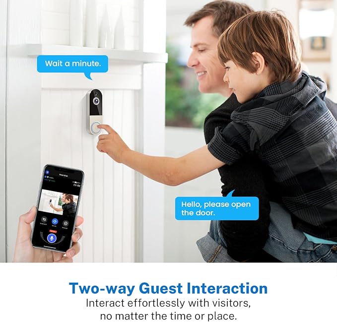 1080p Wireless Doorbell Camera with Receiver, AI Human Detection, 2-Way Audio, Night Vision, Cloud Storage (Sold Separately), Real-Time Alerts, Rechargeable Battery-Powered, 2.4Ghz Wi-Fi