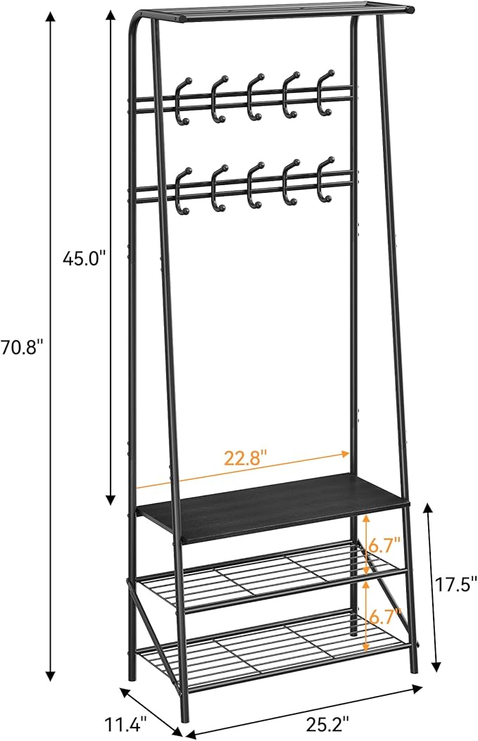 25" Coat Rack Hall Tree Shoe Bench with Hooks, 4-Tier Shelf Entryway Hall Tree with Bench And Shoe Storage, Freestanding Metal Frame Multifunctional Hallway Organizer, Accent Furniture for Bathroom