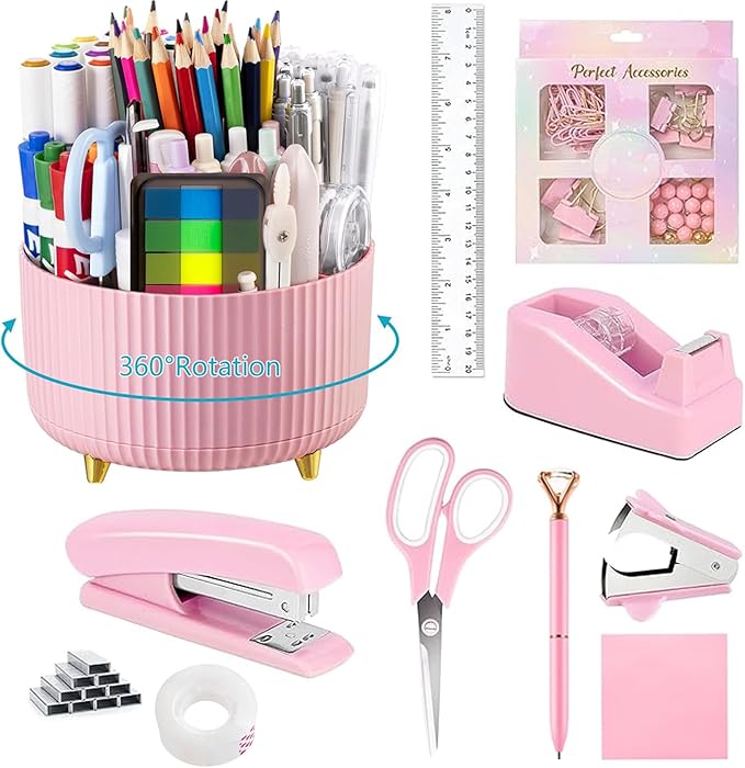 suniya Office Supplies,Desk Accessories,with Stapler,Tape Dispenser,Staple Remover,Scissor,Ballpoint Pen,Sticky Notes,Clear Tape,Staples,Desk Organizer,Ruler,Binder,Best Gift Set(Pink)