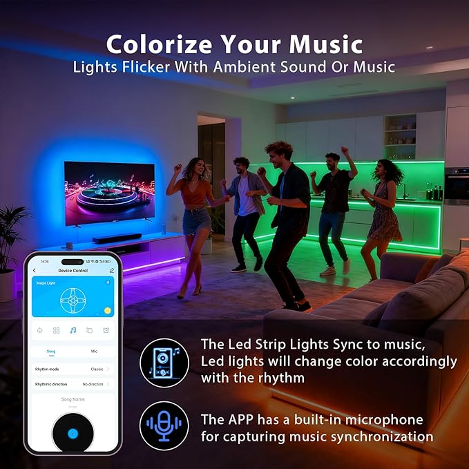 DAYBETTER Led Strip Lights 50 ft, Music Sync RGB Led Light Strips with Remote and App Control, Color Changing Led Lights for Bedroom, Home, Kitchen, Party, Room Decor