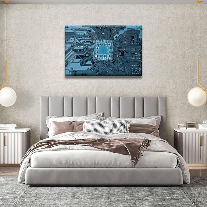 LSIUHWUWI Blue Electronic Circuit Canvas Wall Art Technology Science Poster Artwork Pictures for Bedroom Canvas Wall Art Stretched and Framed Ready to Hang 24X36 INCH