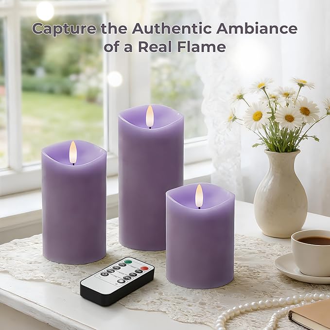 Purple Flameless Candles with Remote and Timer, Real Wax Made LED Pillar Candles Battery Operated with 3D Flickering Flame Melted Edge, 3" x 4",5",6", Set of 3 (Pastel Purple)
