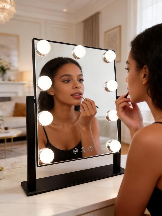 Makeup Vanity Mirror with Lights 13.77"x 11.81" LED Makeup Mirror Detachable 10X Magnification, Hollywood Make Up Mirror with Lighting, Smart Touch, Rechargeable,360° Rotation, (Black)
