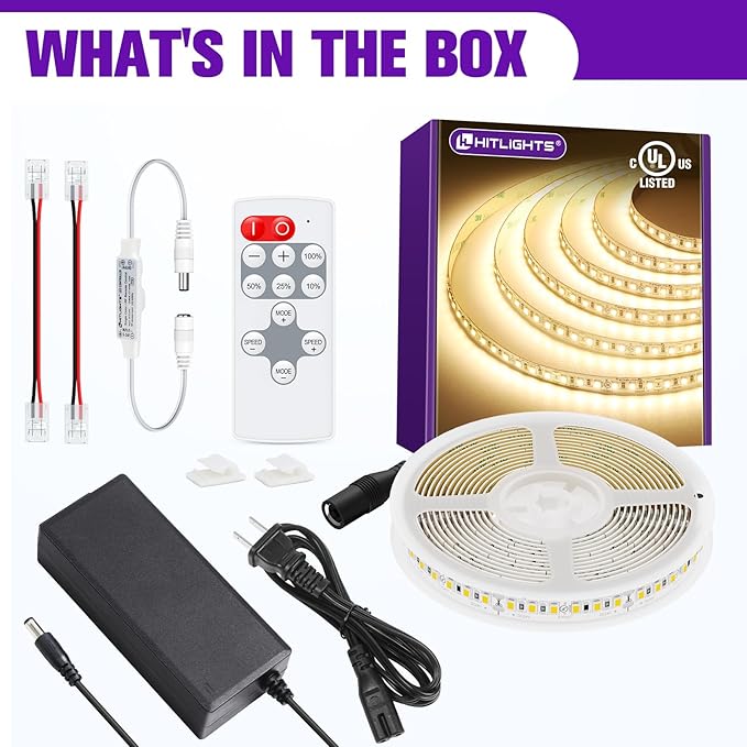 HitLights LED Strip Lights Kit Warm White with Remote & 24V Power Supply, 16.4ft Dimmable Tape Light 3000K, 600 LEDs, 425 lm/ft, CRI 90+, IP30, UL Listed, Lighting for Bedroom, Kitchen, Under Cabinets
