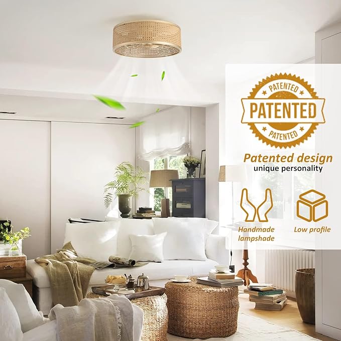 Boho Caged Ceiling Fan with Light, 20'' Rattan Flush Mount Ceiling Fan with Light and Remote Control for Bedroom Kitchen Living Room