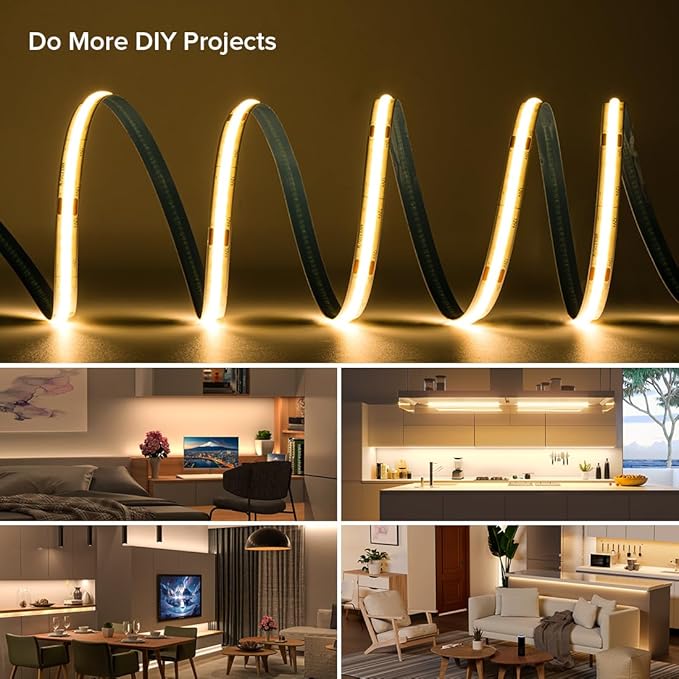 16.4FT IP65 Waterproof COB LED Strip 3000K 480LEDs/m Flexible High Density Uniform Bright LED Lights 9W/m, Dimmable 8mm DC12V COB Strips for Home Indoor Decoration, NO Power and Controller