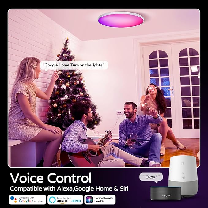 Smart LED Ceiling Light 12" Flush Mount with Remote - RGB Color Changing + Adjustable White 2700K-6500K - Alexa Google Home Compatible - Music Sync - IP44 Waterproof for Bedroom Bathroom - 30W 2200LM
