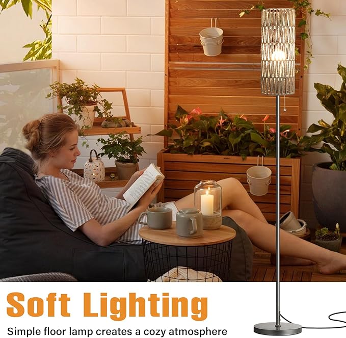 Ambimall 64'' Floor Lamp for Living Room with 3 Color Temperatures Bulb, Boho Grey Standing Lamp with Grey Rattan Shade