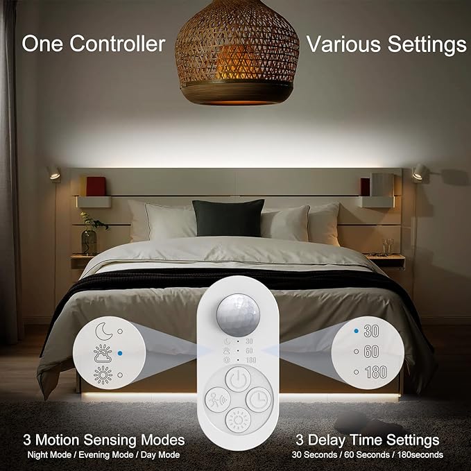Motion Sensor LED Light Strip, Plug-in Under Cabinet Lights with Dimmer, Delay Timer for Kitchen Cabinet, Pantry, Laundry, Bedroom, Stairway