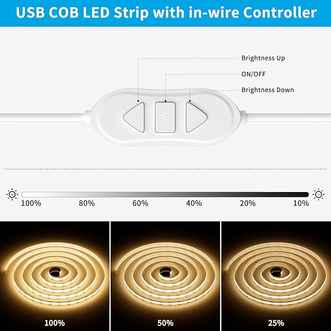 USB 5V COB LED Strip Lights 9.84ft/3M, Warm White 2700K Dimmable USB Powered Density COB Tape Flexible Cuttable LED Strip for TV Backlight, 3D Printer, RV, Sewing Machine, Bedroom, Mirror
