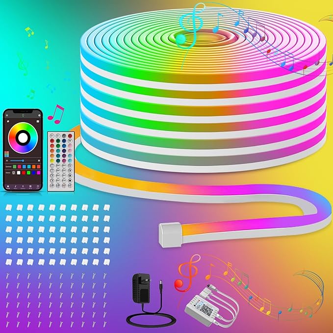 100ft RGB LED Neon Rope Lights with App, Remote Control, IP65 Waterproof Neon Light Strip Outdoor Indoor, DIY Design Flexible Led Strip Lights for Bedroom Essentials, Gaming Accessories