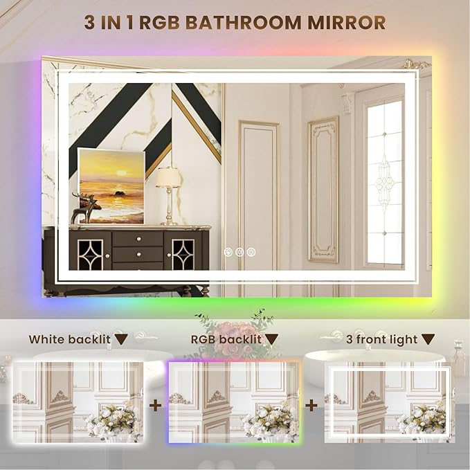 WTTY LED Bathroom Mirror 48"x32" with RGB Backlit and Front Light,Stepless Dimmable LED Mirror for Bathroom,Colored Lighted Bathroom Vanity Mirror,Anti-Fog,Memory Function,Shatter-Proof