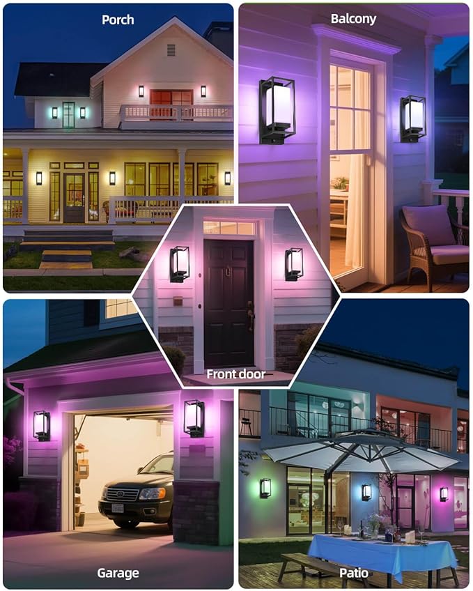 RAYVO Smart Outdoor Wall Light, RGB Color Changing Sconce with App & Voice Control, Dusk to Dawn Outdoor Lighting, Adjustable 2700K–6500K, Waterproof Exterior Light Fixture for House Porch Garage