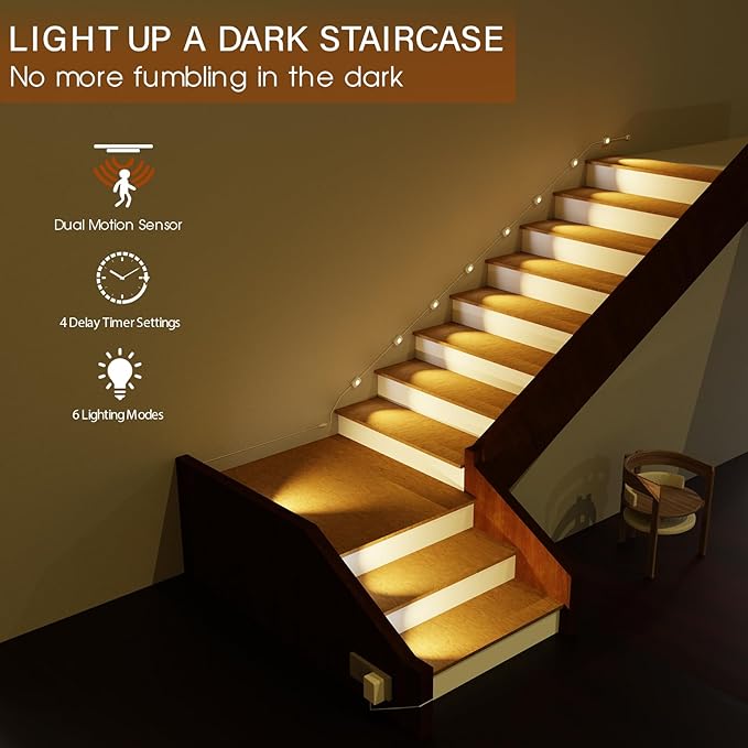Upgraded Smart Stair Lights Motion Sensor Indoor, Plug-in Stairway Lights Indoor Hallway Baseboard Lighting with Cascading Effect, Dimmable, 3000K-6000K (16 Stairs)