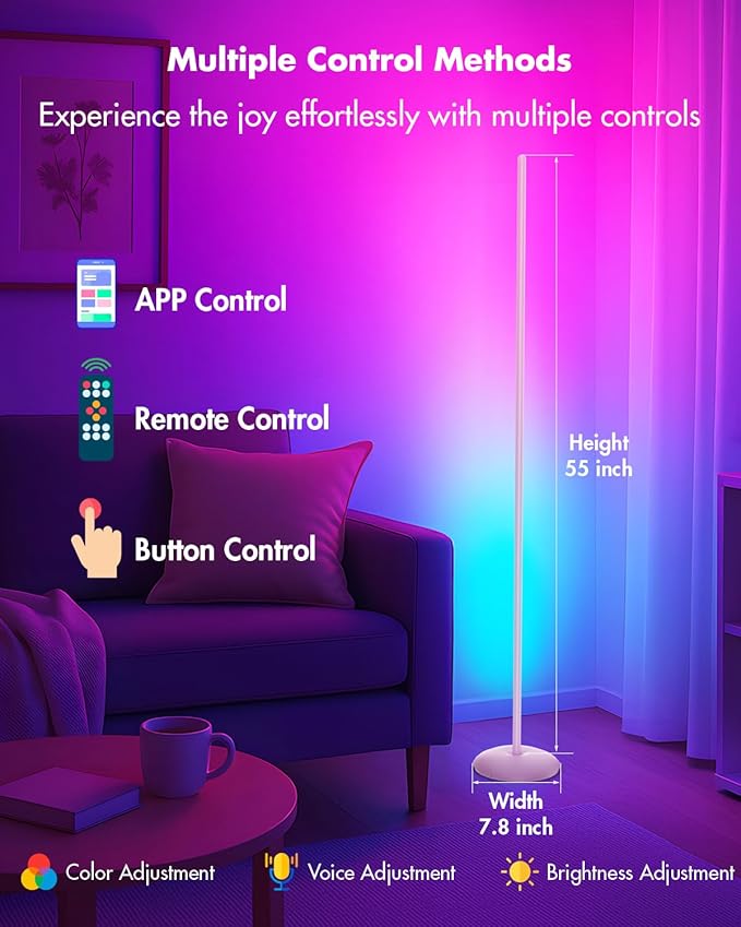 Corner Floor Lamp Silver, Smart RGB LED Corner Lamp with App & Remote, Modern Floor Lamp for Living Room, Bedroom, Color Changing Standing Lamps with 16 Million Colors, Scene Modes, Music Sync