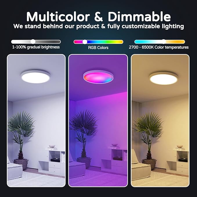 Smart LED Ceiling Light 12" Flush Mount with Remote - RGB Color Changing + Adjustable White 2700K-6500K - Alexa Google Home Compatible - Music Sync - IP44 Waterproof for Bedroom Bathroom - 30W 2200LM