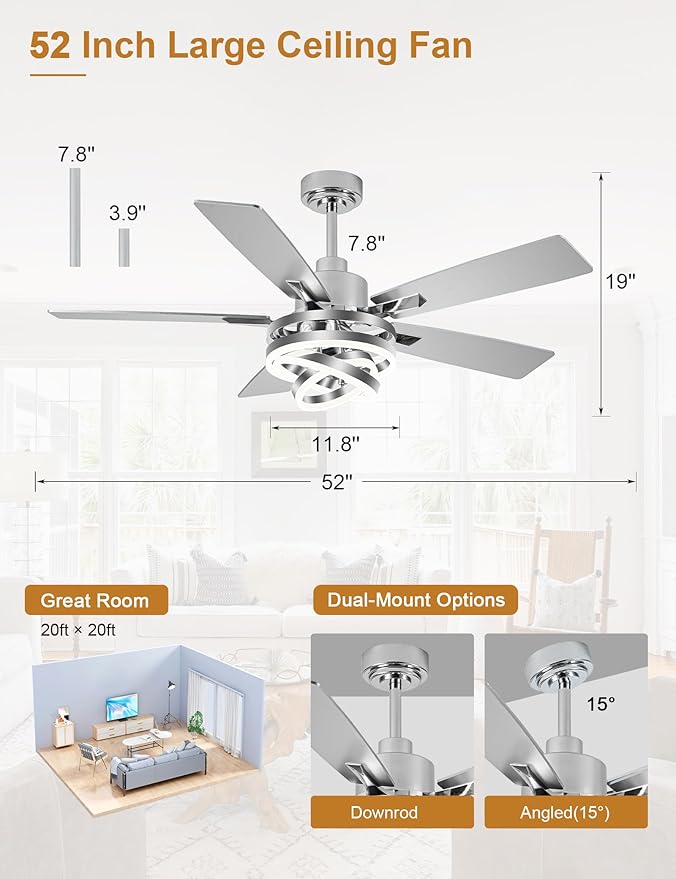 52" Ceiling Fan with Light Chandelier Fan Modern DC Motor Dimmable Led Fandelier Ceiling Fan with Light for Bedroom, Living Room