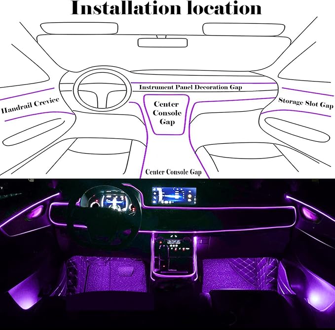 Interior Car LED Strip Lights, RGB 6 in 1 Ambient Lighting Kits with 315 inches Fiber Optic, 16 Million Colors APP Wireless Control Car Neon Lights, with Music Sync Function