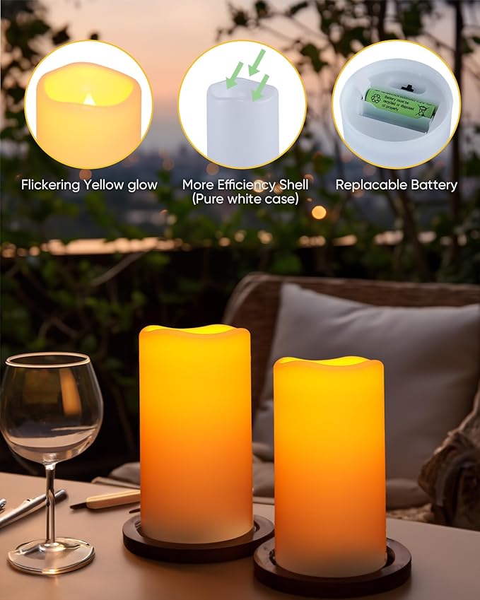 Homemory Solar Candles Outdoor Waterproof, Rechargeable Candles, Solar Powered Flameless Candles for Outdoor, Lanterns, Sensor Only, Dusk to Dawn, 3"x5", Set of 2