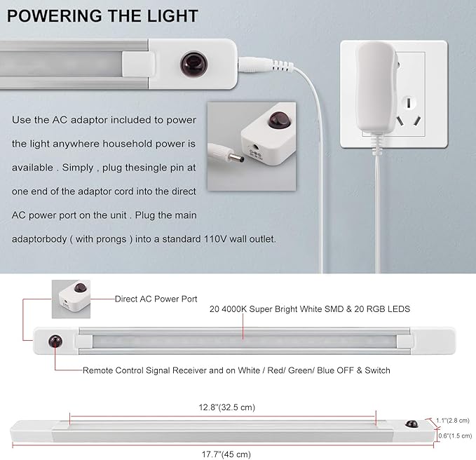 BIGMONAT Under Cabinet Light with Remote, Stick on Color Changing Under Counter Lighting, Plug in RGB LED Light Bar with Timer for Kitchen Sink Shelf Cupboard Closet Pantry Desk TV Stand Backlight