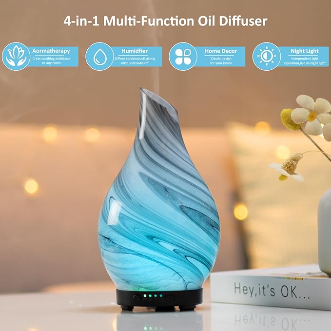 Essential Oil Diffuser Aromatherapy Diffuser - Art Glass Oil Diffuser with Auto Shut-Off Protection 4 Timer Setting 7 Colors Changed LED Night Light for Home Office Decor Gift (Grey Wave)