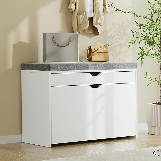 VOWNER Shoe Storage Bench with 3-Tier Flip Drawer, Shoe Rack Bench with Adjustable Shelves & Hidden Storage Space, Shoe Organizer for Entryway, Hallway, Living Room, White