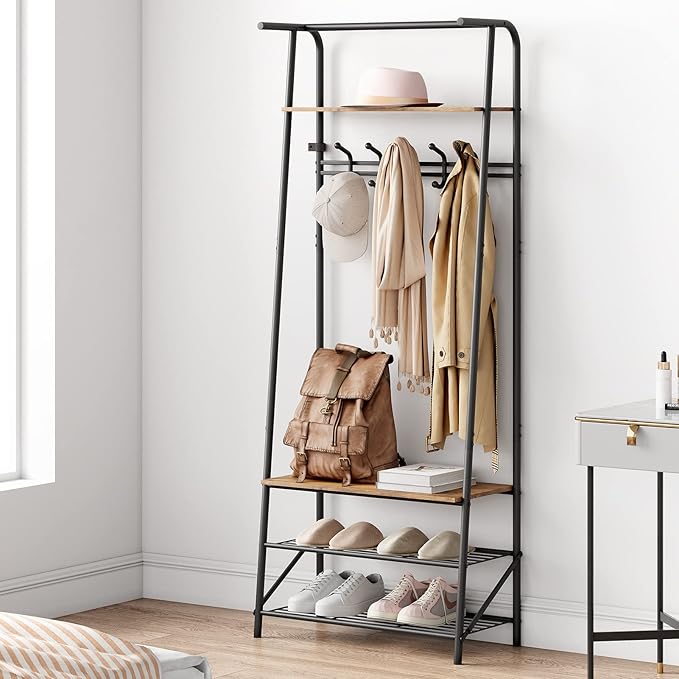 4-in-1 Hall Tree Coat Rack with Shoe Storage Bench & 5 Hooks – Entryway Organizer, Metal Frame, Wood Look Furniture for Entryway, Living Room, Bedroom – Single Row Hook, 60cm Wide